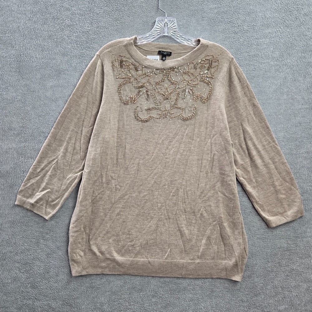 Talbots Women‎ Sweater 2x Beige Lambswool Blend Lightweight Tunic Beaded